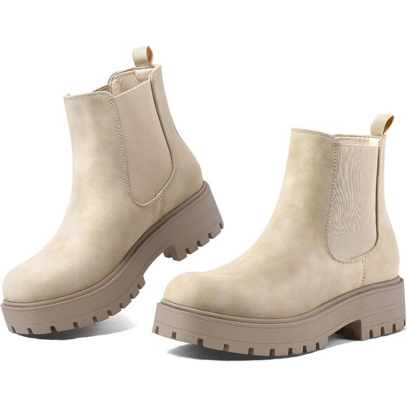 Women's Beige Chelsea Low Chunky Heel Slip On Lug Sole Elastic Ankle Booties - Picture 5 of 7